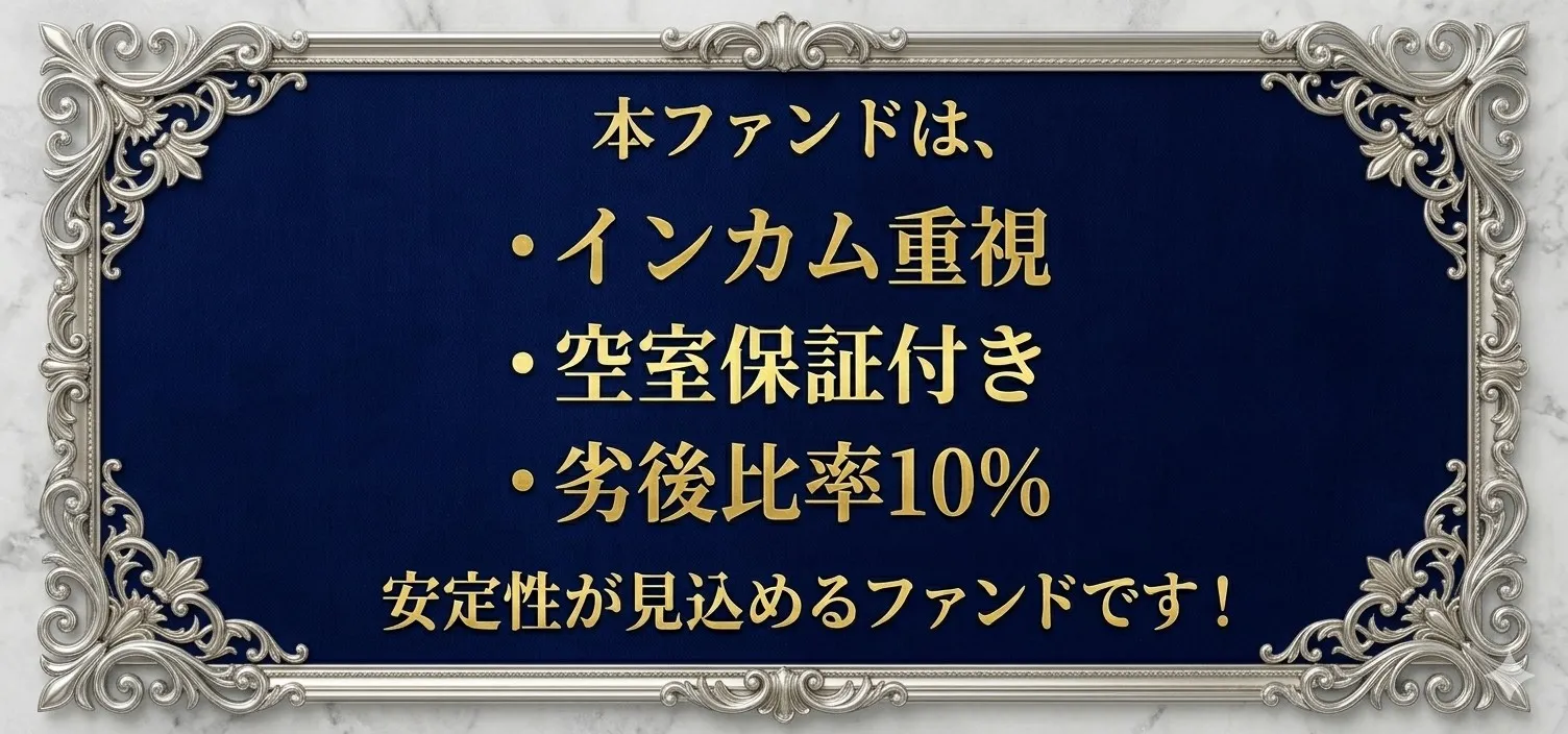物件の特徴：インカム重視、空室保証付き、劣後比率10%、安定性が見込めるファンド